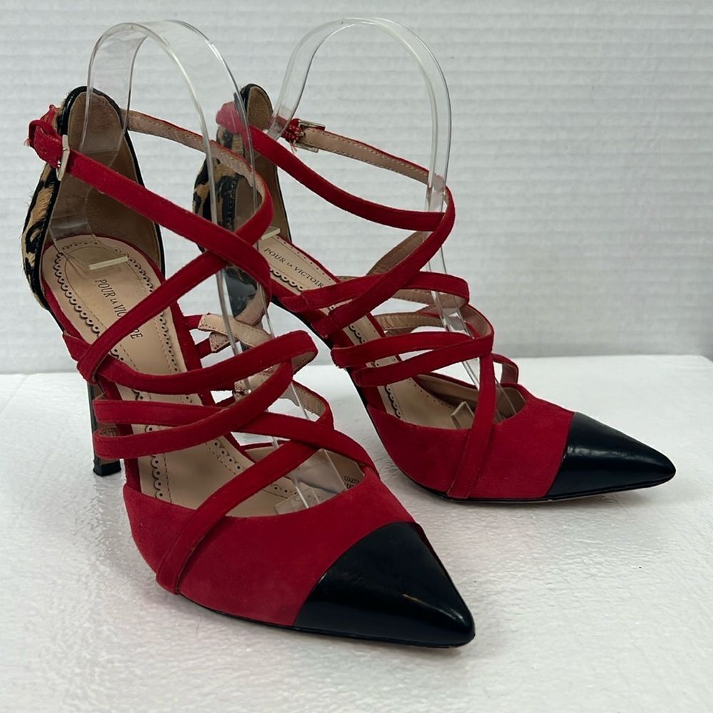 Pour La Victoire Colettea Strappy Calf hair Patent Cap-toe Pump Heels 8